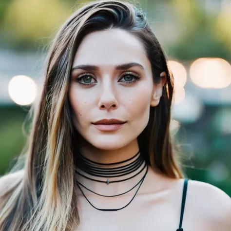 Skin texture, no makeup, Super high res closeup portrait photo of a stunning woman outdoors with straight hair, wearing a small string choker around her neck,f /2.8, Canon, 85mm,cinematic, high quality,looking at the viewer, elixolsen, <lora:eliolsen_ju...