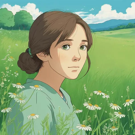 Studio ghibli style illustration of the face of a woman looking at the viewer, a serene meadow in the background, elixolsen, <lora:eliolsen_juggerX_v7_standard_wocap_merger_27_74_98_02_03_05-elixolsen:1.05>
