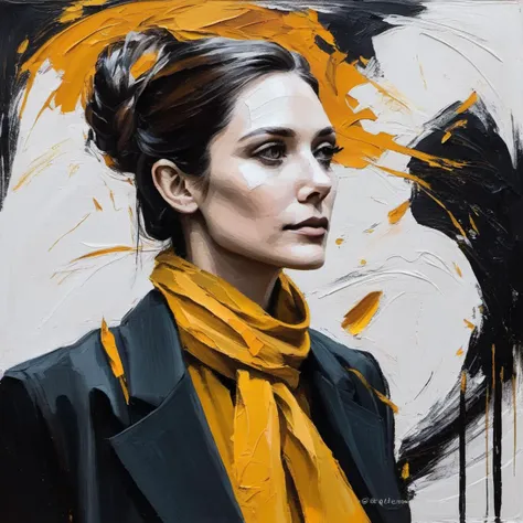 a painting of a woman with a yellow scarf and black jacket