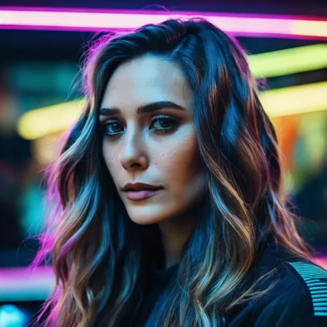 a woman with long hair and a black top standing in front of a neon light