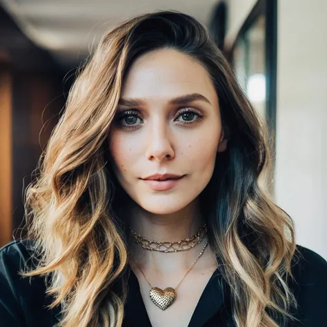 a woman with long hair and a black shirt is looking at the camera