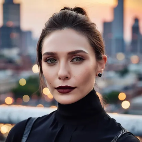 a close up of a woman with a black top and a city in the background