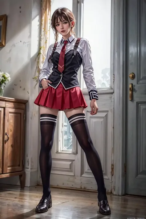 best quality,masterpiece,highres,original,extremely detailed wallpaper,perfect lighting,extremely detailed CG,<lora:add_detail:0.3>,standing,
<lora:bible_black_uniform_v5:0.7>,bbuniform,thighhighs,