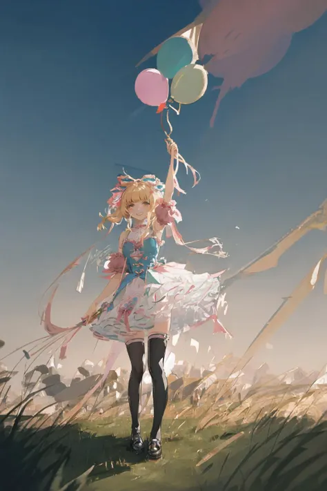 art by Cornflower, dreamy,
(masterpiece, incredibly absurdres, extremely detailed, best quality, 1girl, blonde hair, blunt bangs, light smile, slim, full body, standing, looking at viewer, sweet_dress, white thighhighs, hold balloon, grass background, sky ...