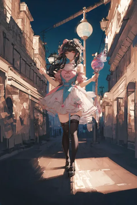 art by Cornflower, dreamy,
(masterpiece, incredibly absurdres, extremely detailed, best quality, 1girl, long black hair, blunt bangs, light smile, slim, full body, standing, looking at viewer, sweet_dress, white thighhighs, amusement park, night, night sky...