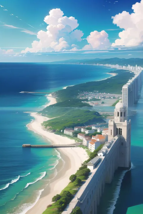 best quality,masterpiece,digital art,cinematic,shore,building,overgrown,ocean,cloudy sky,beautiful sea water.