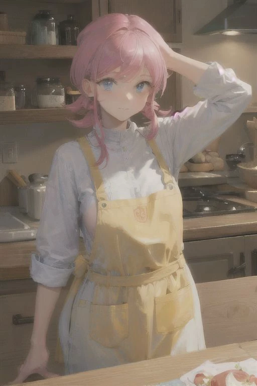 anime girl with pink hair and apron standing in kitchen next to pizza