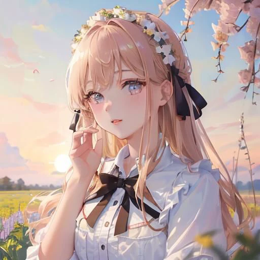 ((Best Quality, 8K, Masterpiece:1.3)), 1girl, lovely angel, flaxen hair, cherry-lipped beauty, sit on the flowering alfalfa, Singing With the lark, in the early morning , in the clear summer sun,