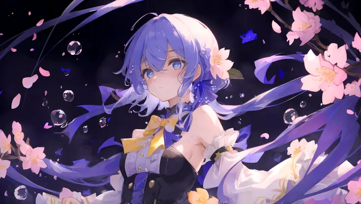 overexposure, fist, expressionless, side blunt bangs, hair between eyes, ribbons, bowties, small breast, bare shoulders, buttons, detailed wet clothes, blank stare, pleated skirt, flowers, beautiful detailed eyes, beautiful detailed sky, big top sleeves, f...