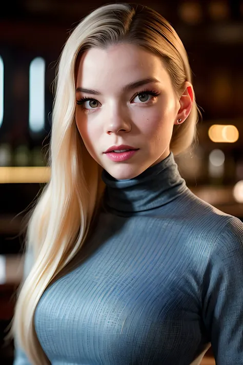 photo of extremely sexy (atjoy:0.99), a woman as a sexy student, closeup portrait upsweep updo, (Chambray Blue tight long sleeve turtleneck top), at a cantina sitting bar (masterpiece:1.5) (photorealistic:1.1) (bokeh) (best quality) (detailed skin texture ...