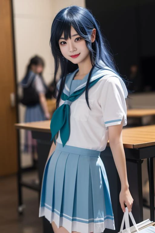 ltra-detailed,highly detailed,best quality,masterpiece,illustration,realistic,photorealistic,
1girl, solo, cosplay,
kitauji high school uniform,
looking at viewer, smile, standing, cowboy shot,
<lora:kitauji high school uniform_v2_02:1.0>