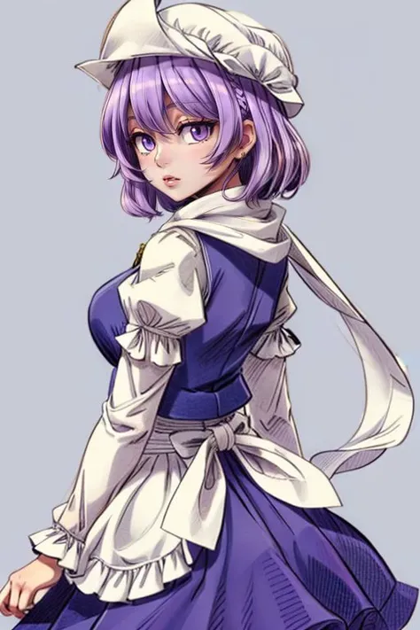 <lora:add_detail:0.75> <lora:copax_charm_eu:0.225> (masterpiece, best quality),  face confident, from back, 
letty whiterock,((purple hair, purple eyes)),  hat, scarf, short hair, long sleeves,puffy sleeves,waist apron,skirt  <lora:letty:1>