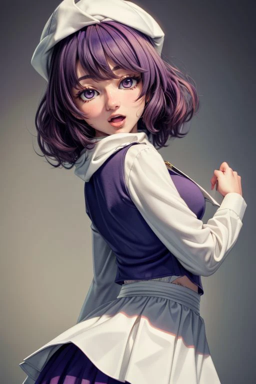 <lora:add_detail:0.75> <lora:copax_charm_eu:0.225> (photorealistic,masterpiece, best quality),  face excited, from back, 
letty whiterock,((purple hair, purple eyes)),  hat, scarf, short hair, long sleeves,puffy sleeves,waist apron,skirt  <lora:letty:0.8>