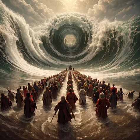 a group of people walking through a large wave in the ocean