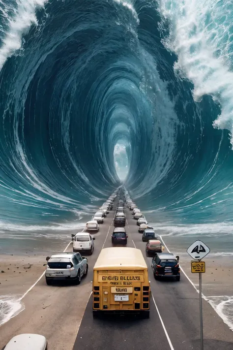 arafed image of a school bus driving down a road with a huge wave coming out of the top