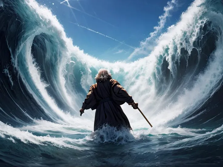 a man in a robe standing in the middle of a large wave