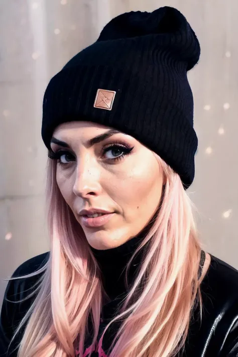 cassieL1, medium length blonde with pink highlights hair, (minimal ambient light), low light, night, gloomy, moody, fog, bokeh, background is night city, streetwear, beanie, scarf