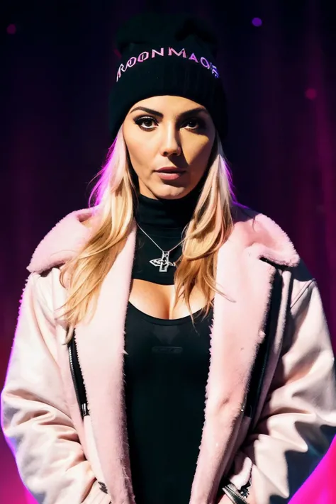 cassieL1, medium length blonde with pink highlights hair, (minimal ambient light), low light, night, gloomy, moody, fog, bokeh, background is night city, streetwear, beanie, scarf