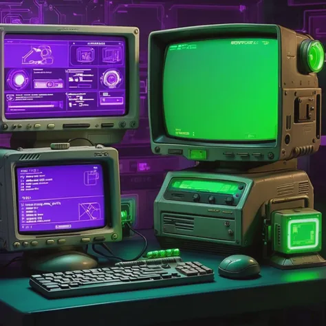 old pc,1 big monitor, 2 small displays, product photo, Pip-boy, fallout, ( retro cyber tech ), reflective, f 8 aperture, a 3D render, new objectivity,  cyberpunk style, green glow, purple glow, dark room, <lora:Cyber_Tech_sdxl:1>