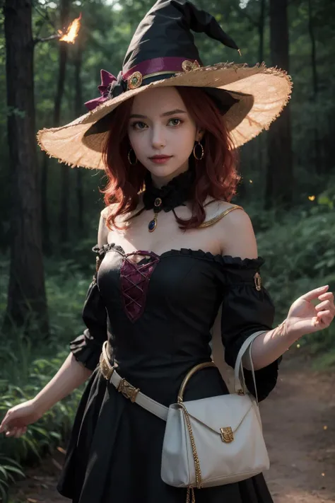 (masterpiece, best quality:1.4), looking at viewer, smirk, cowboy shot, malty melromarc, red hair, long hair, green eyes, hair ornament, earrings, witch, frilled dress, witch hat, outdoors, night, forest, fireflies, <lora:malty_melromarc_v1:0.7>