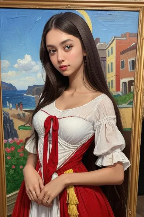 painting of a woman in a red and white dress holding a red tie