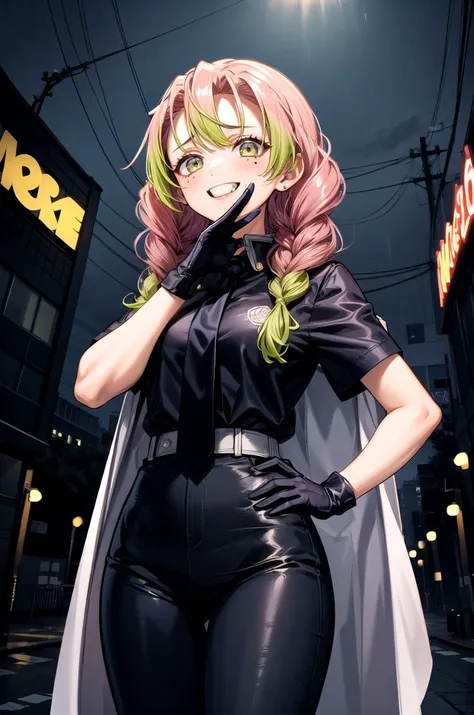 anime girl in black and green outfit standing on street corner