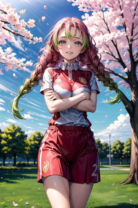 (masterpiece, best quality, detailed), 1girl, solo, looking at viewer, aamitsuri, (mole under eye:0.8), multicolored hair, long hair, twin braids, bangs,
<lora:Soccer Uniform By Stable Yogi:0.5>, soccer uniform, cherry blossoms, petals, outdoors, tree, sky...