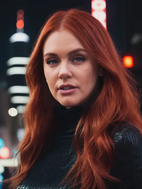 (sfw!), (closeup:1.2!), maitward, A RAW photo of an extremely sexy redhead woman, long flowing hair, (yellow turtleneck dress:1.2!), (futuristic_city_street with neon_lights!), (skyscrapers), (raining!), HDR, UHD 8K, full detail, detailed face, soft lighti...