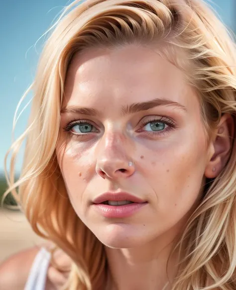 a close up of a woman with a frecked face and frecked hair