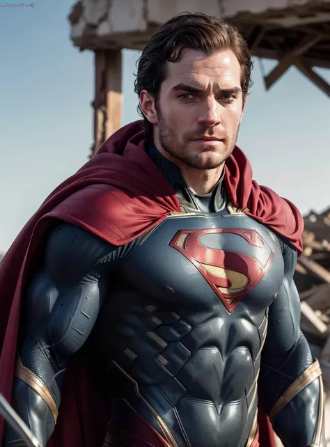 Henry cavill superhero, cape long, upper body,cinematic, movie, grain movie (2023s)1boy, building destroyed , realistic , (8k, RAW photo, best quality, masterpiece:1.2), (realistic, photo-realistic:1.33), best quality, detailed eyes blue, cute,natural ligh...