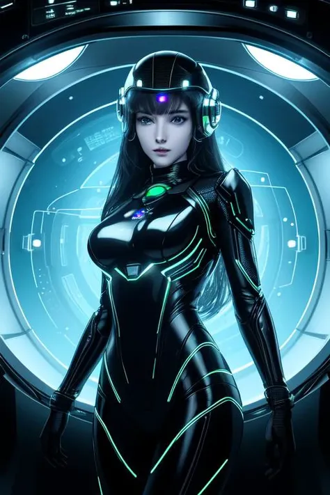 real, (realistic), super detailed, (4k), 8k, 21 year old hybrid alien woman is a quantum computer submerged in glass cylindrical chamber, helmet of wires, sci-fi setting, alien spaceship deck, hundreds of wires connect from her to machine above tank