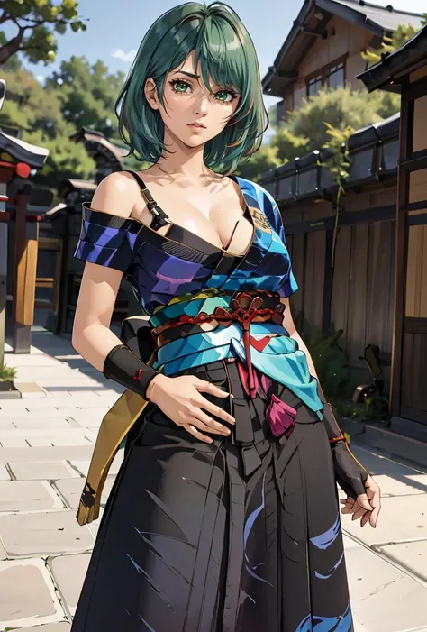 (masterpiece, best quality), 1girl,   <lora:TamakiDoA:0.8> TamakiDoA, 1girl, solo, medium hair, green hair, streaked hair, red hair, skirt, green eyes, blue kimono, sash, obi, single bare shoulder, cleavage, wristband, hakama skirt, japanese clothes, singl...