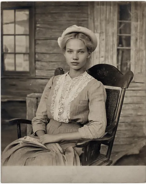 mate half body shot of an attractive woman is sitting in a rocking chair on the veranda of a village house,extremely detailed,with a news paper, skin texture, detailed skin, detailed face, pores:1.2, detailed lips, detailed eyes, reflective eyes, glint eye...