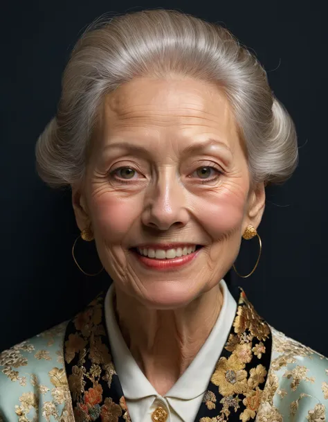 an older woman with a smile on her face and a black background