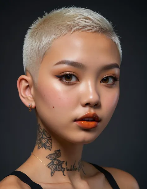 full body shot, side view, profile view, extremely realistic and detailed skin texture, insanely clear and detailed eyes, glossy lipstick, full lips, cute small flawless nose, short white hair, buzz cut, light amber eye color, beautiful face features of an...