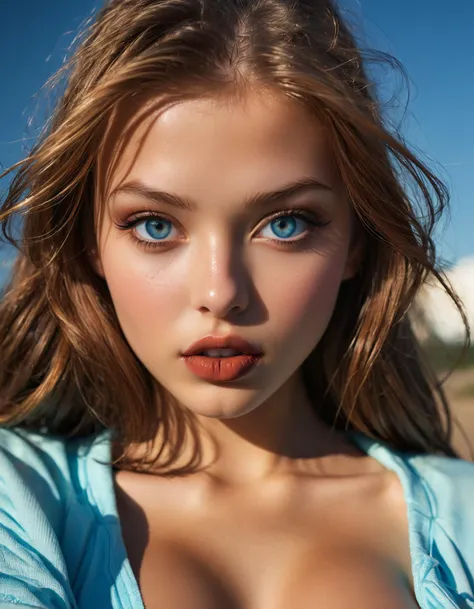 a close up of a woman with blue eyes and a blue shirt