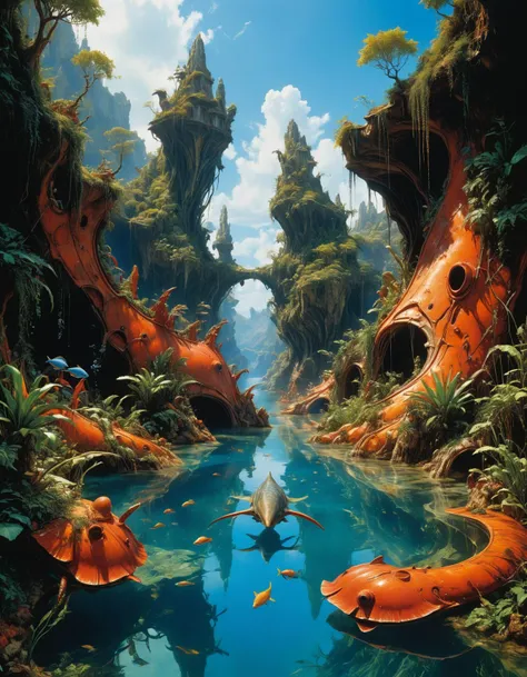 hyper realistic full shot photograph of  a( scenery:1.4) by Roger Dean and Clive Barker,  (aquatic , adorable , masterful:1.4), poster art, bold lines, hyper detailed, expressive,  award winning,  (intricate details, masterpiece, best quality:1.4),
back li...