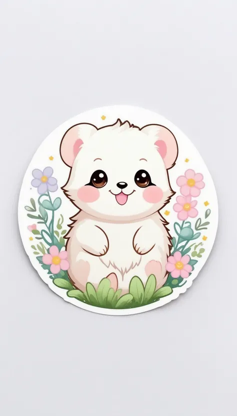 Sticker of a cute, round little animal with big, sparkling eyes and a gentle smile on its face. It has soft, pastel-colored fur. The small critter is surrounded by dainty, heart-shaped flowers in complementary pastel shades, adding to the stickers overall ...