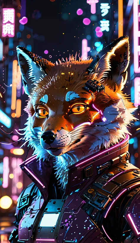 (masterpiece, best quality), wallpaper, glowing cute fox, floating in space, sparks all around him, neonpunk. cyberpunk, fullbody shot, <lora:glowneon_xl_v1:0.8>