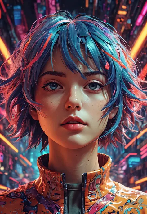 psychedelic style 3d style anime artwork, Experience a mesmerising raypunk person, vignette rendered through a glitch art abstraction, captured from a sweeping overhead view, bathed in hypnotising volumetric lighting - a visual delight reminiscent of retro...