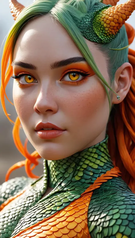 comic This stunning young woman, human dragon hybrid, extreme close-up, covered in green multicolored matte scales as skin, striking orange yellow reptilian eyes, dragon horns. Despite being bald except a braided auburn pony tail, she exudes confidence and...