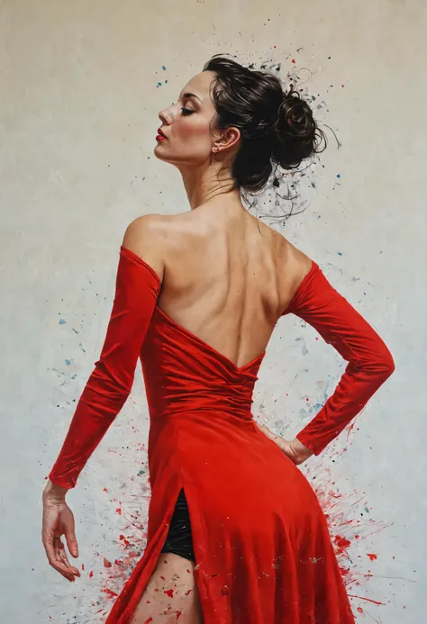 Portrait of an elegant woman, long dark hair in an updo, wearing a backless red dress, mid-dance pose, in the style of famous paintings, extremely detailed, intricate, dramatic, cinematic, stunning, highly enhanced, amazing quality, creative