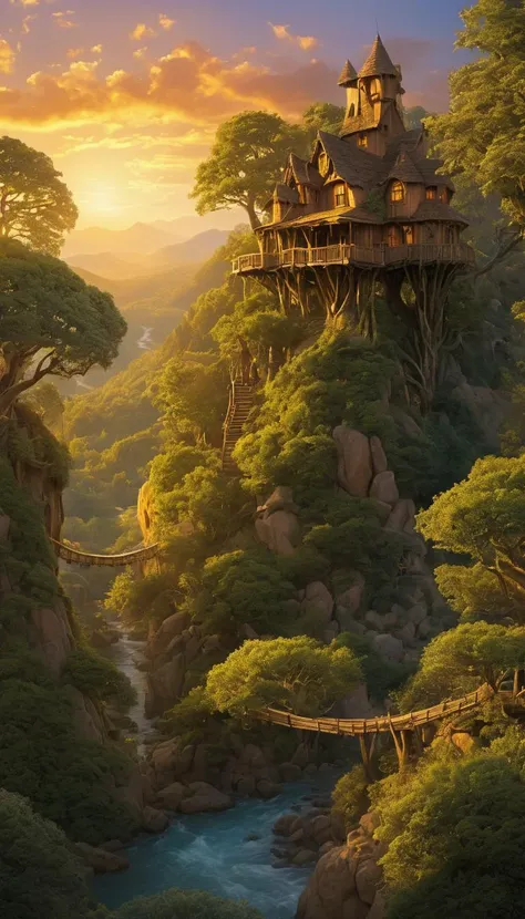 valley, fairytale treehouse village covered, , matte painting, highly detailed, dynamic lighting, cinematic, realism, realistic, photo real, sunset, detailed, high contrast, denoised, centered, michael whelan