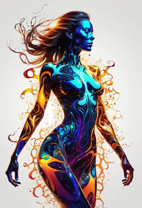 cinematic photo translucent, thin, fine fractal glossy vivid [explosion of colors] colored ink sketch shiny contours outlines of a perfect physique female silhouette . 35mm photograph, film, bokeh, professional, 4k, highly detailed