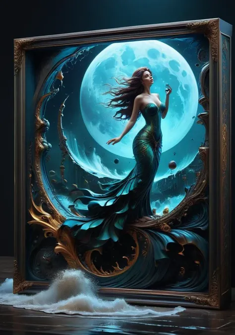 A  glass Frame sculpture, concealed inside the Cube is a large mermaid  in a Lightning storm, large waves, (mermaid  emerges out of the frame), in the dark, detailed image, high quality detailed, the moon, moonlit, shaped Cube, amazing wallpaper, digital p...