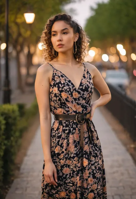 Midshot, woman, dusk setting, outdoor, floral dress, black belt, standing, bokeh background, street lights, tree-lined pathway, medium shot, contemplative expression, curly hair, natural makeup, hoop earrings, hand in pocket, warm color tone, blurred backg...