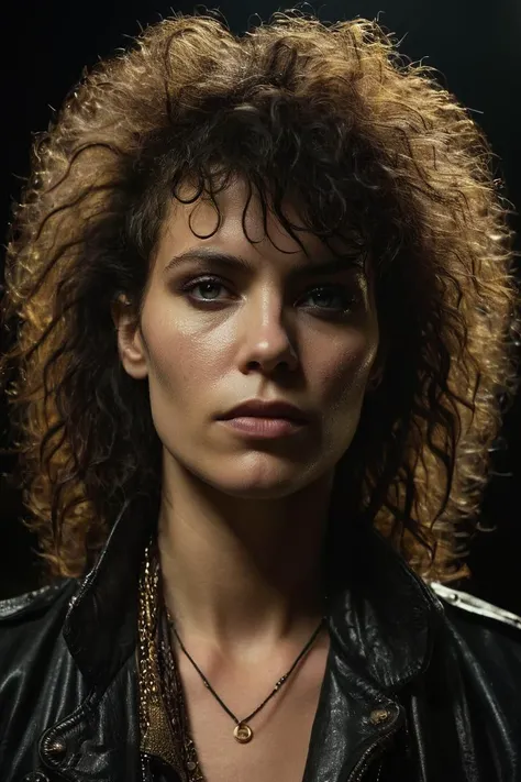 breathtaking cinematic character shot (sweaty, female glam rocker), staring at the viewer, expressive, emotive, nighttime, dark intricate background, realism, realistic, analog, portrait, photorealistic, (macro crisp face focus:1.4), natural lifelike textu...