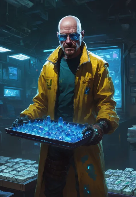 (best quality) detailed, full body portrait front view
Walter White as robo cyberpunk Heisenberg chemical mask on face, (holding a tray:1.2) of blue crystals (blue crystals:1.2) (sun glasses:1.6), (yellow neon clothes:1.2) intricate cyber LED boots, stacks...