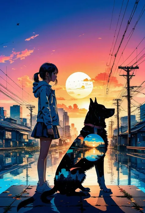 no scars to your beautiful puppy " double exposure collage art illustration, silhouette art, fantasy, hdr, vibrant, surrealism, hyperdetailed, hypermaximalist illustration, art by Anime Key Visual, Japanese Manga, Pixiv, Zerochan, Anime art, Fantia