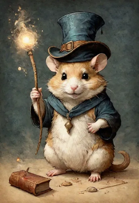 a painting of a mouse dressed in a top hat and holding a wand